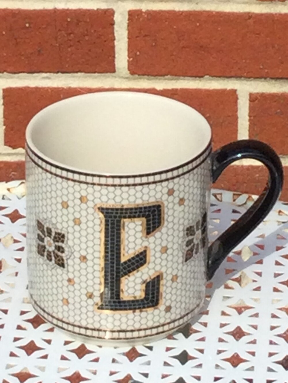 Anthropologie Tiled Margot Letter "E" Mug Black, white and gold mosaic